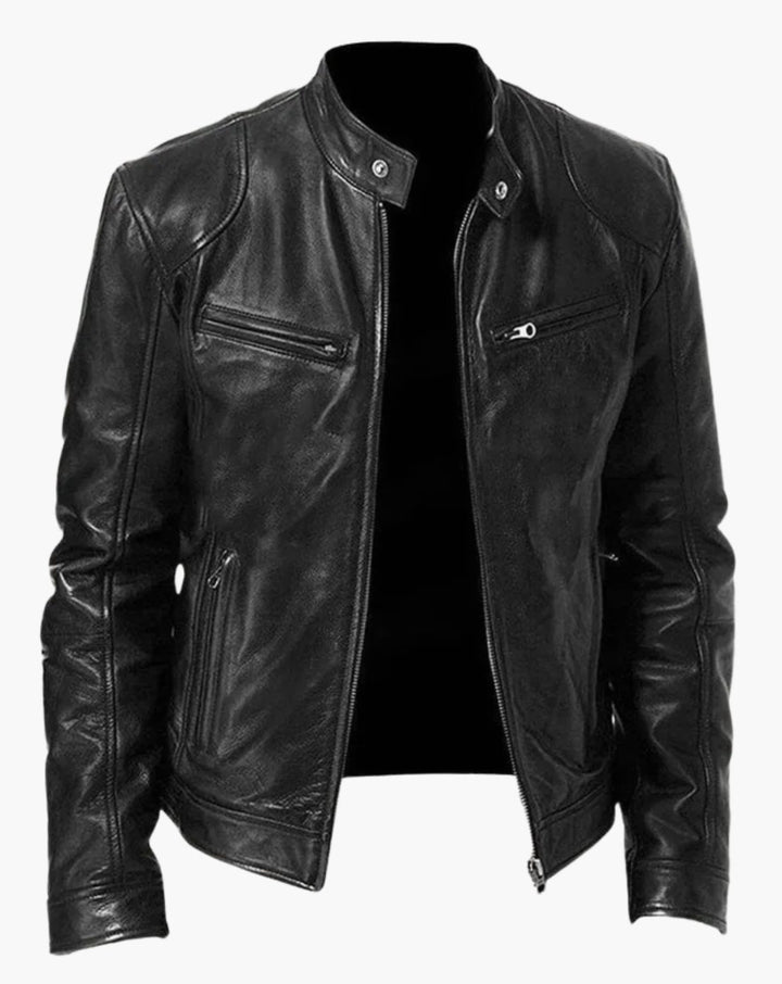 Men's Black Slim-Fit Zip-Up Leather Biker Jacket