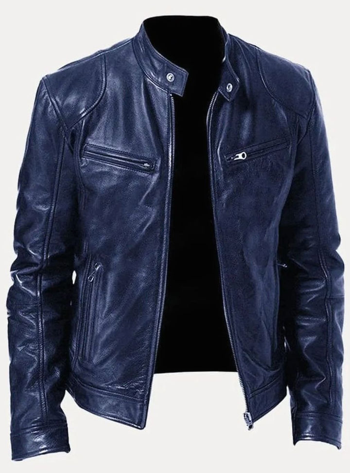 Men's Black Slim-Fit Zip-Up Leather Biker Jacket - Dark Navy