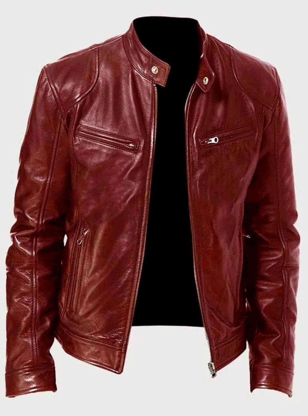 Men's Black Slim-Fit Zip-Up Leather Biker Jacket - Dark Red