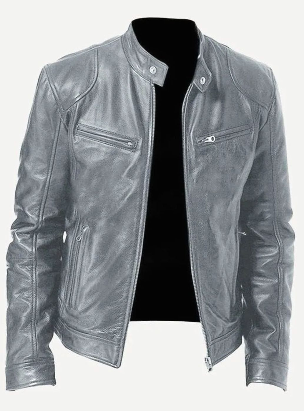 Men's Black Slim-Fit Zip-Up Leather Biker Jacket - Grey