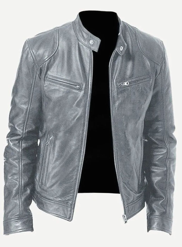 Men's Black Slim-Fit Zip-Up Leather Biker Jacket - Grey