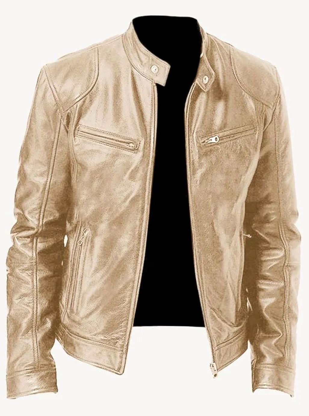 Men's Black Slim-Fit Zip-Up Leather Biker Jacket - Gold