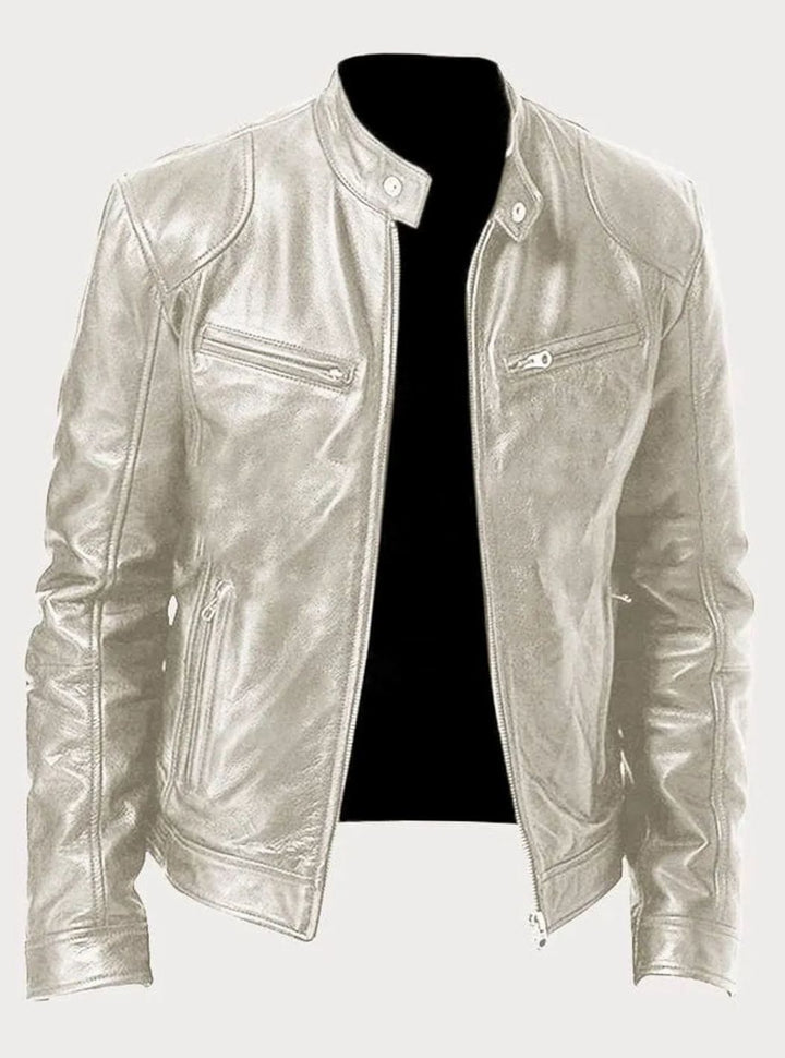 Men's Black Slim-Fit Zip-Up Leather Biker Jacket - Silver