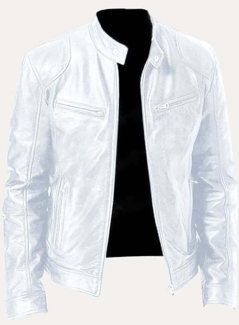 Men's Black Slim-Fit Zip-Up Leather Biker Jacket - White
