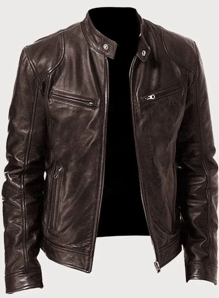 Men's Black Slim-Fit Zip-Up Leather Biker Jacket - Brown