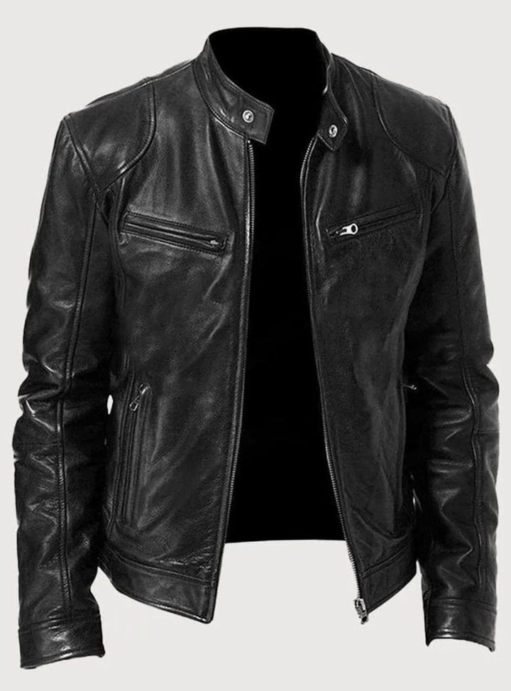 Men's Black Slim-Fit Zip-Up Leather Biker Jacket - Black