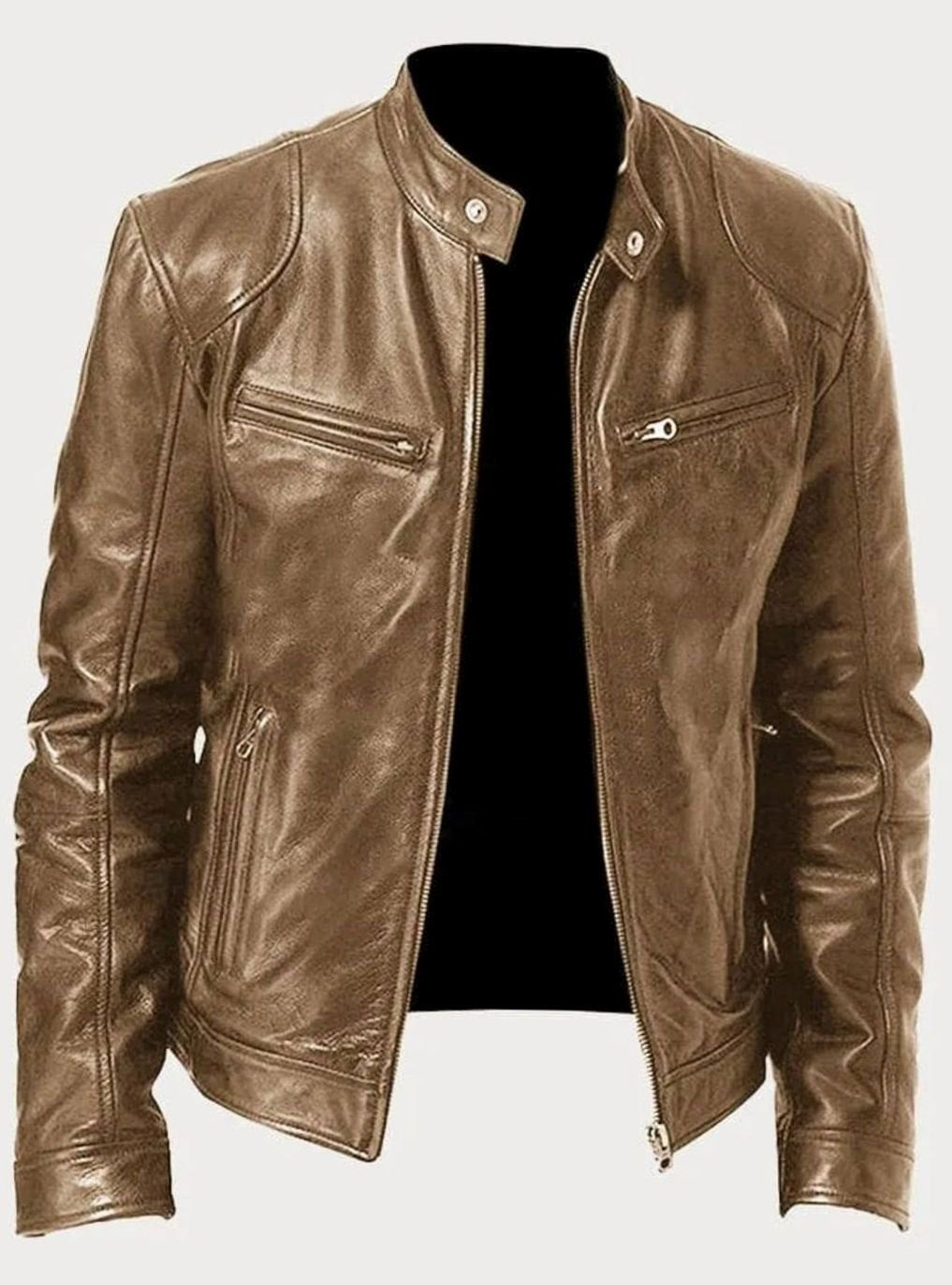 Men's Black Slim-Fit Zip-Up Leather Biker Jacket - Khaki