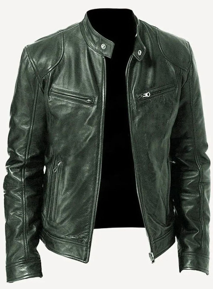 Men's Black Slim-Fit Zip-Up Leather Biker Jacket - Military Green