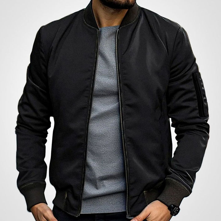 Men's Classic Zip-Up Bomber Jacket with Sleeve Pocket - Black