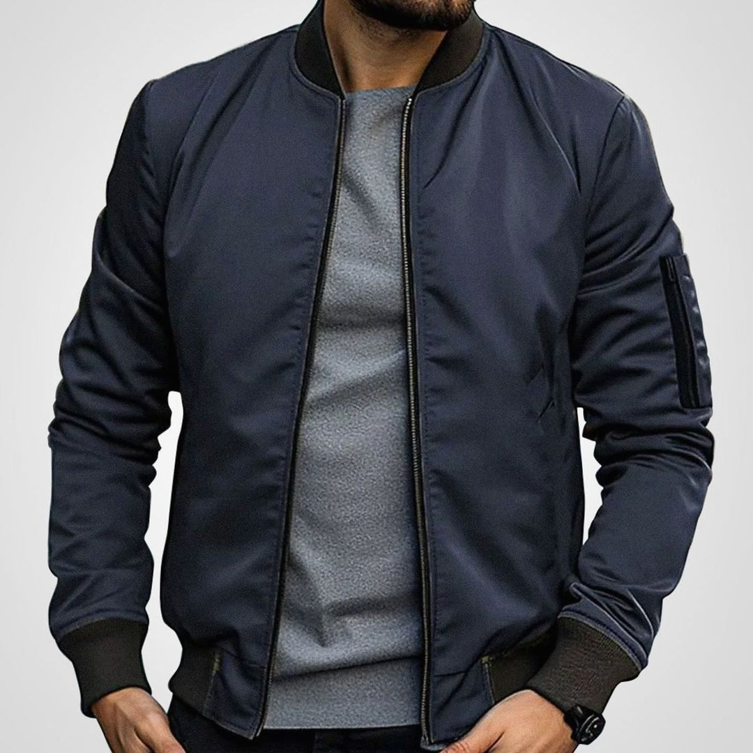 Men's Classic Zip-Up Bomber Jacket with Sleeve Pocket - Navy Blue