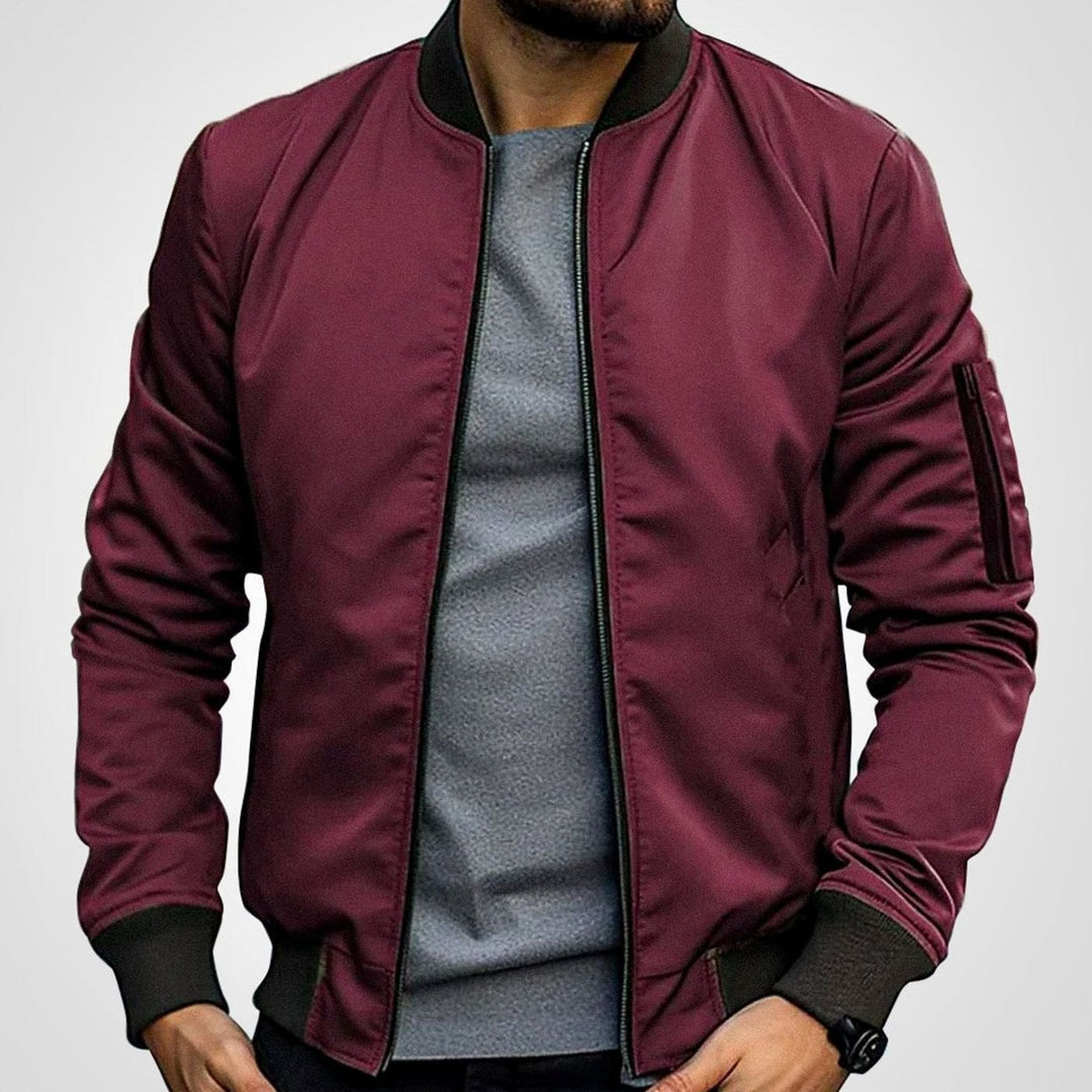 Men's Classic Zip-Up Bomber Jacket with Sleeve Pocket - Burgundy