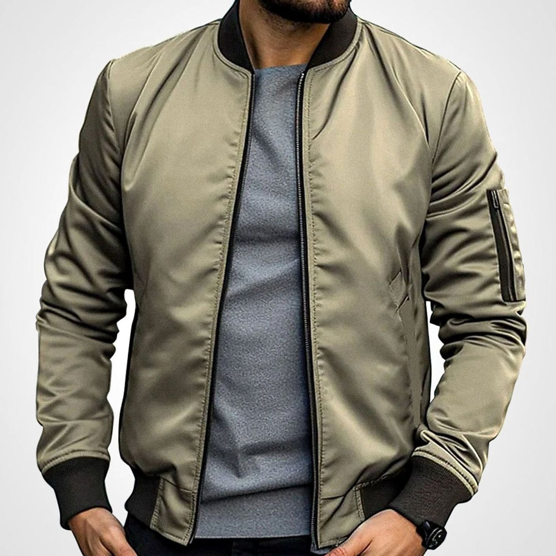 Men's Classic Zip-Up Bomber Jacket with Sleeve Pocket - Khaki