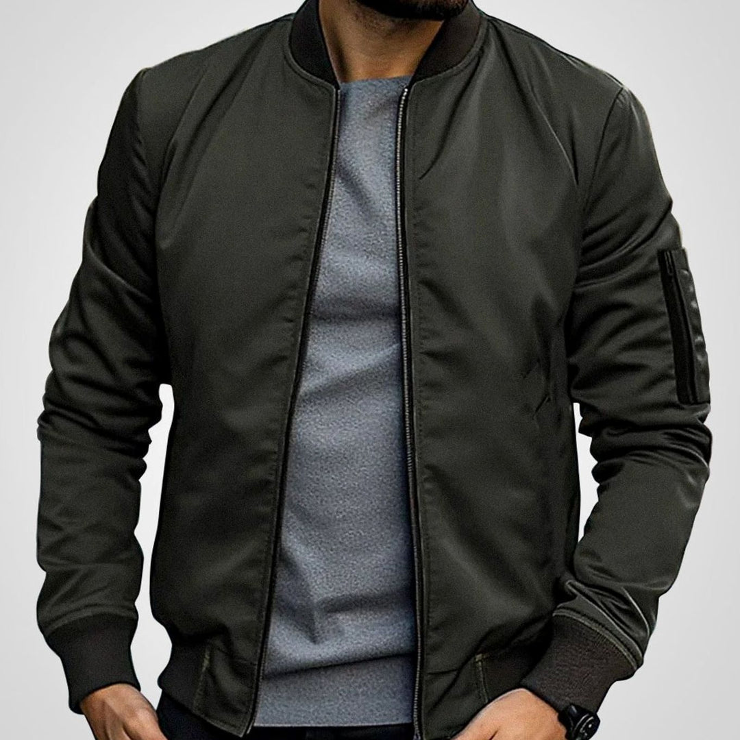 Men's Classic Zip-Up Bomber Jacket with Sleeve Pocket - Olive Green