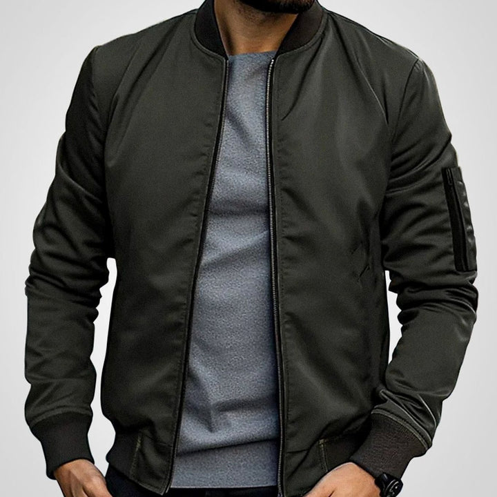 Men's Classic Zip-Up Bomber Jacket with Sleeve Pocket - Olive Green