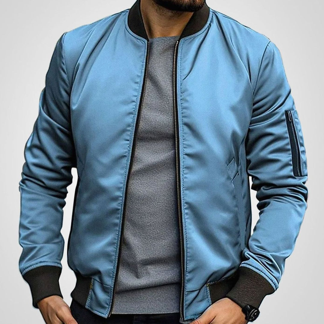 Men's Classic Zip-Up Bomber Jacket with Sleeve Pocket - Blue