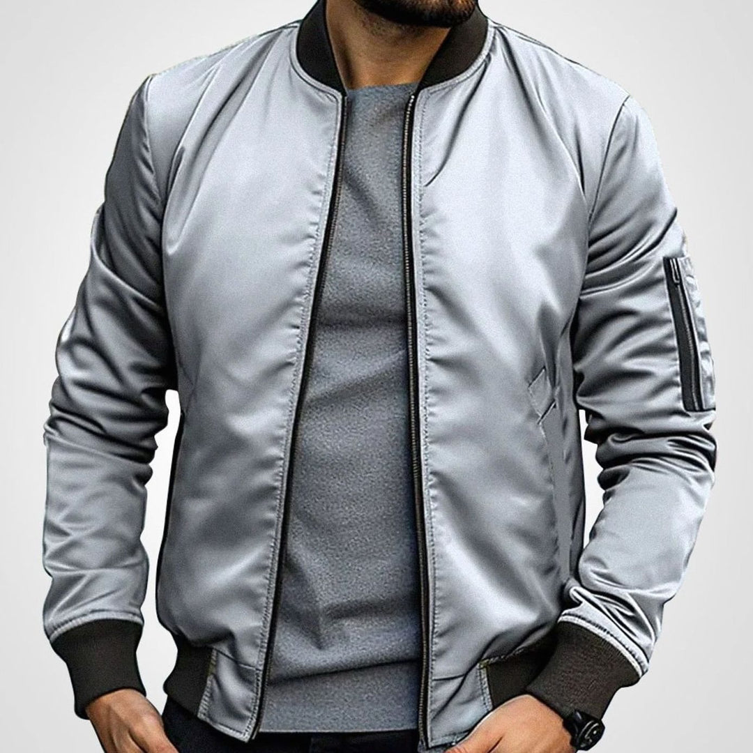 Men's Classic Zip-Up Bomber Jacket with Sleeve Pocket - Light Grey