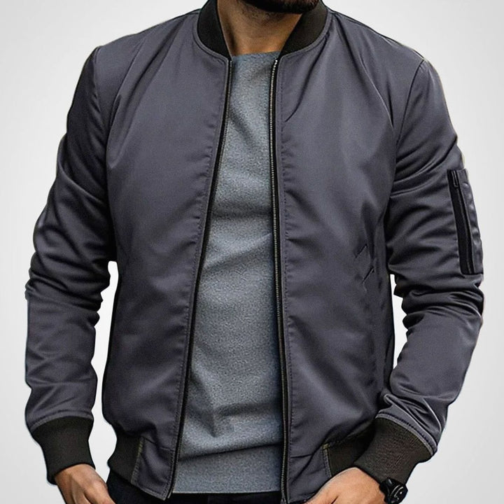 Men's Classic Zip-Up Bomber Jacket with Sleeve Pocket - Dark Grey