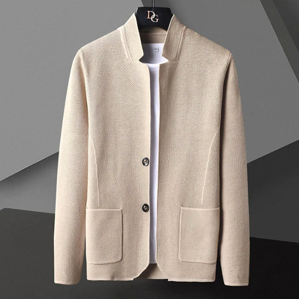 Men's Collarless Wool Blend Tailored Knit Cardigan Jacket - Beige