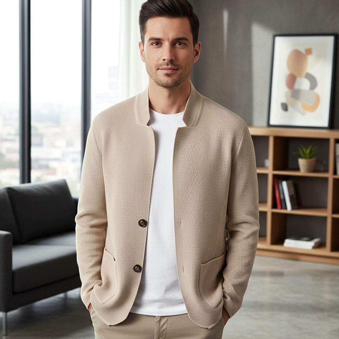 Men's Collarless Wool Blend Tailored Knit Cardigan Jacket