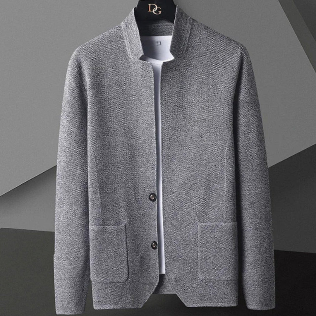 Men's Collarless Wool Blend Tailored Knit Cardigan Jacket - Grey