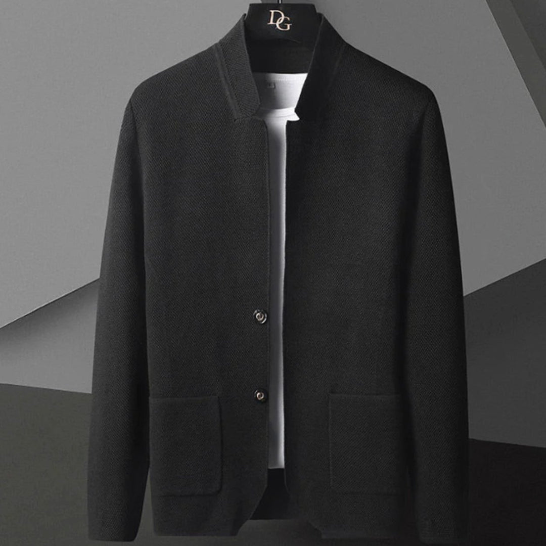 Men's Collarless Wool Blend Tailored Knit Cardigan Jacket - Black