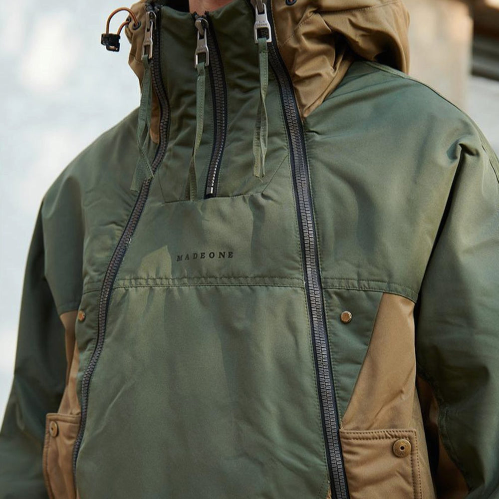 Men's Colour-Block Double-Zip Hooded Windproof Parka Jacket - Green