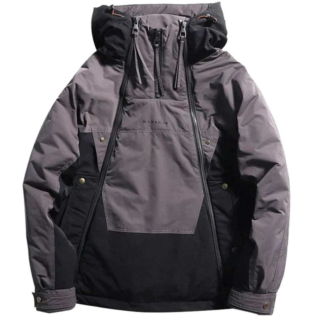 Men's Colour-Block Double-Zip Hooded Windproof Parka Jacket - Black