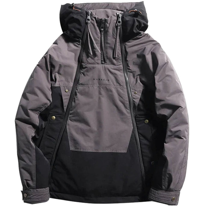 Men's Colour-Block Double-Zip Hooded Windproof Parka Jacket - Black