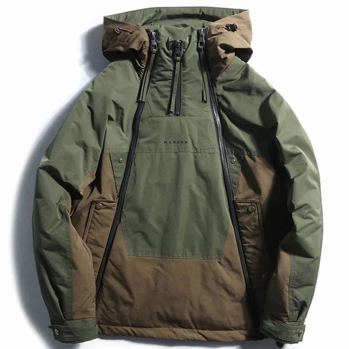 Men's Colour-Block Double-Zip Hooded Windproof Parka Jacket