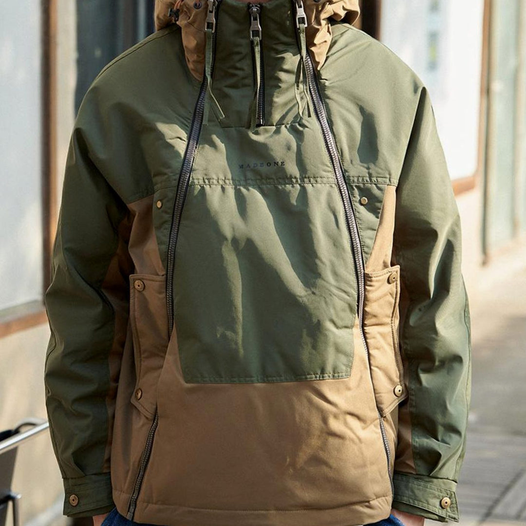 Men's Colour-Block Double-Zip Hooded Windproof Parka Jacket