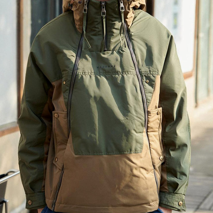 Men's Colour-Block Double-Zip Hooded Windproof Parka Jacket