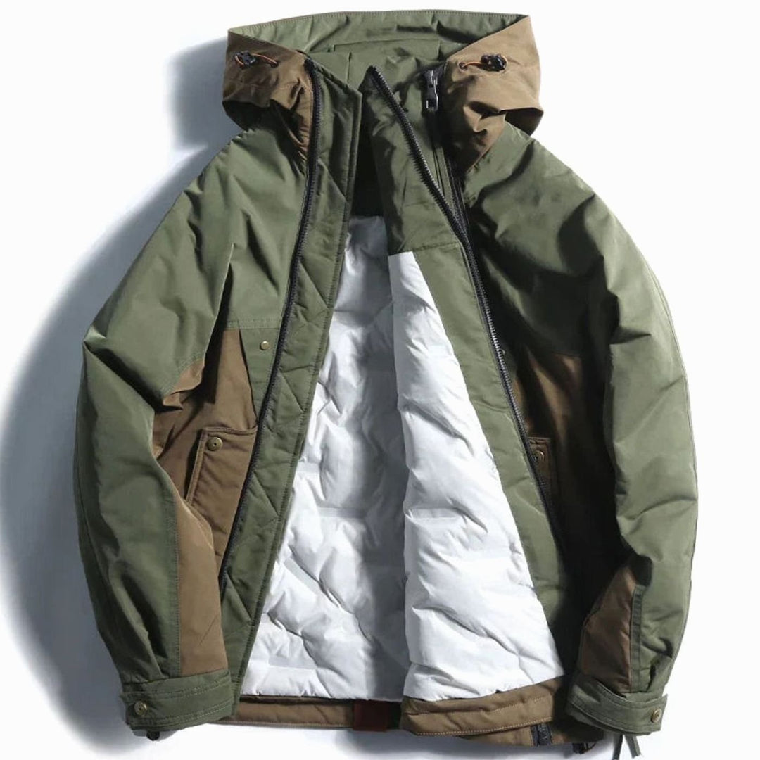 Men's Colour-Block Double-Zip Hooded Windproof Parka Jacket