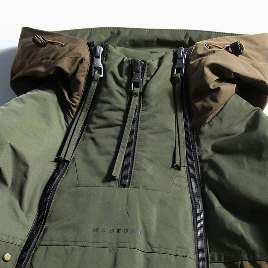 Men's Colour-Block Double-Zip Hooded Windproof Parka Jacket