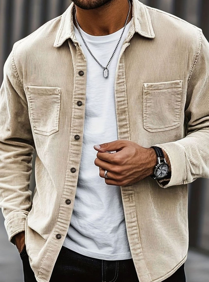 Men's Corduroy Button-Up Shacket Dual Chest Pocket - Khaki
