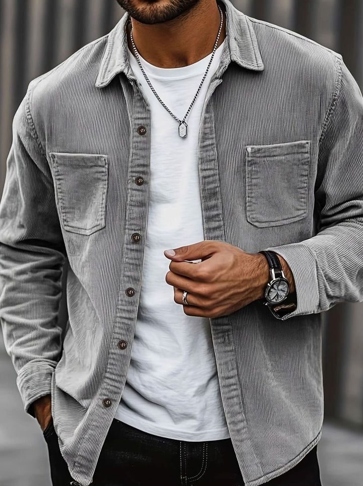 Men's Corduroy Button-Up Shacket Dual Chest Pocket - Grey