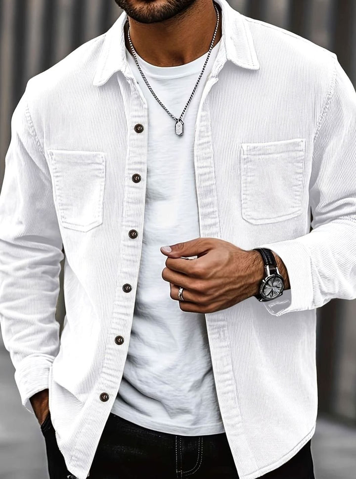 Men's Corduroy Button-Up Shacket Dual Chest Pocket - White