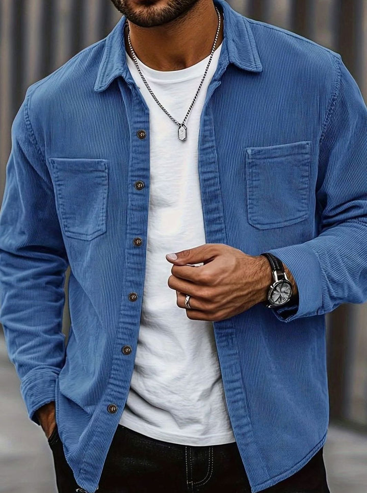Men's Corduroy Button-Up Shacket Dual Chest Pocket - Blue