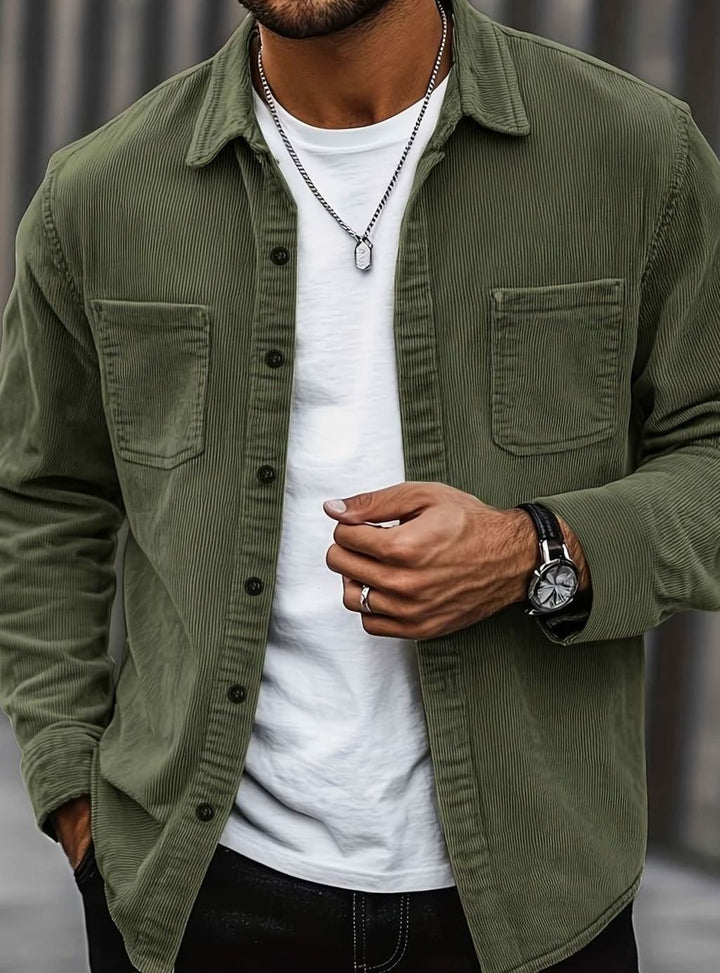 Men's Corduroy Button-Up Shacket Dual Chest Pocket - Olive Green