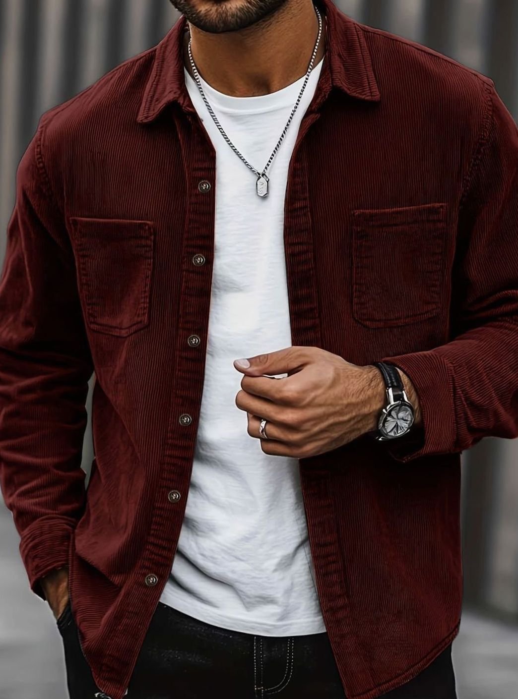 Men's Corduroy Button-Up Shacket Dual Chest Pocket - Red