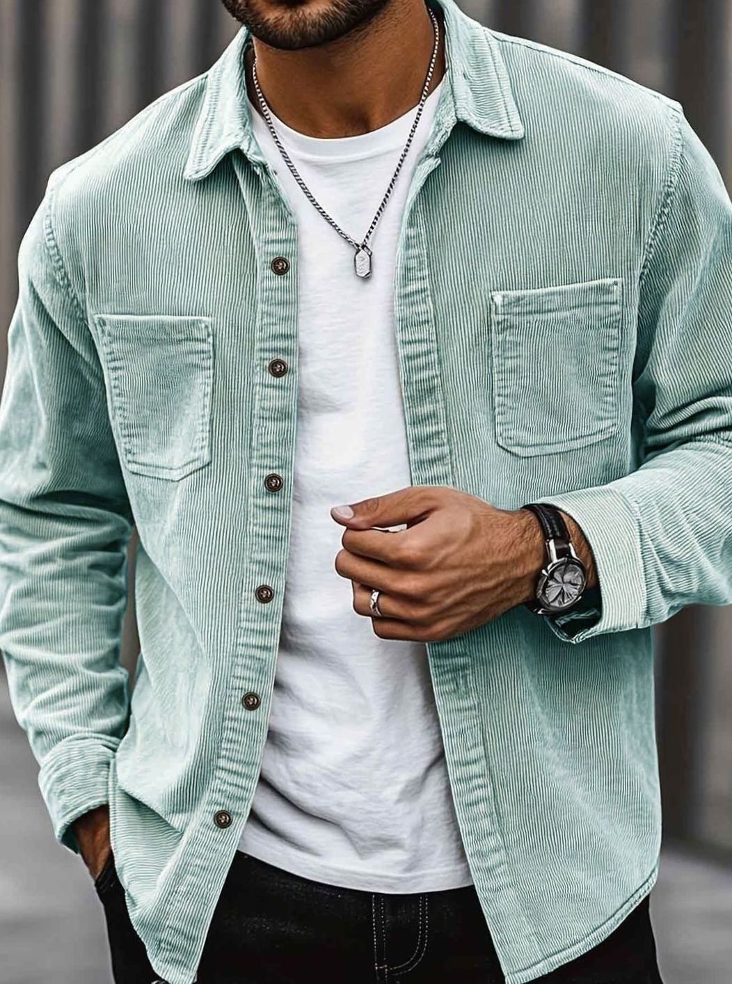 Men's Corduroy Button-Up Shacket Dual Chest Pocket