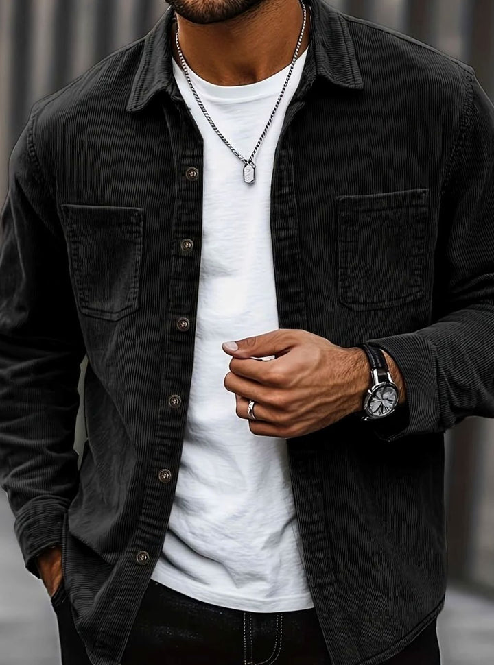 Men's Corduroy Button-Up Shacket Dual Chest Pocket - Black