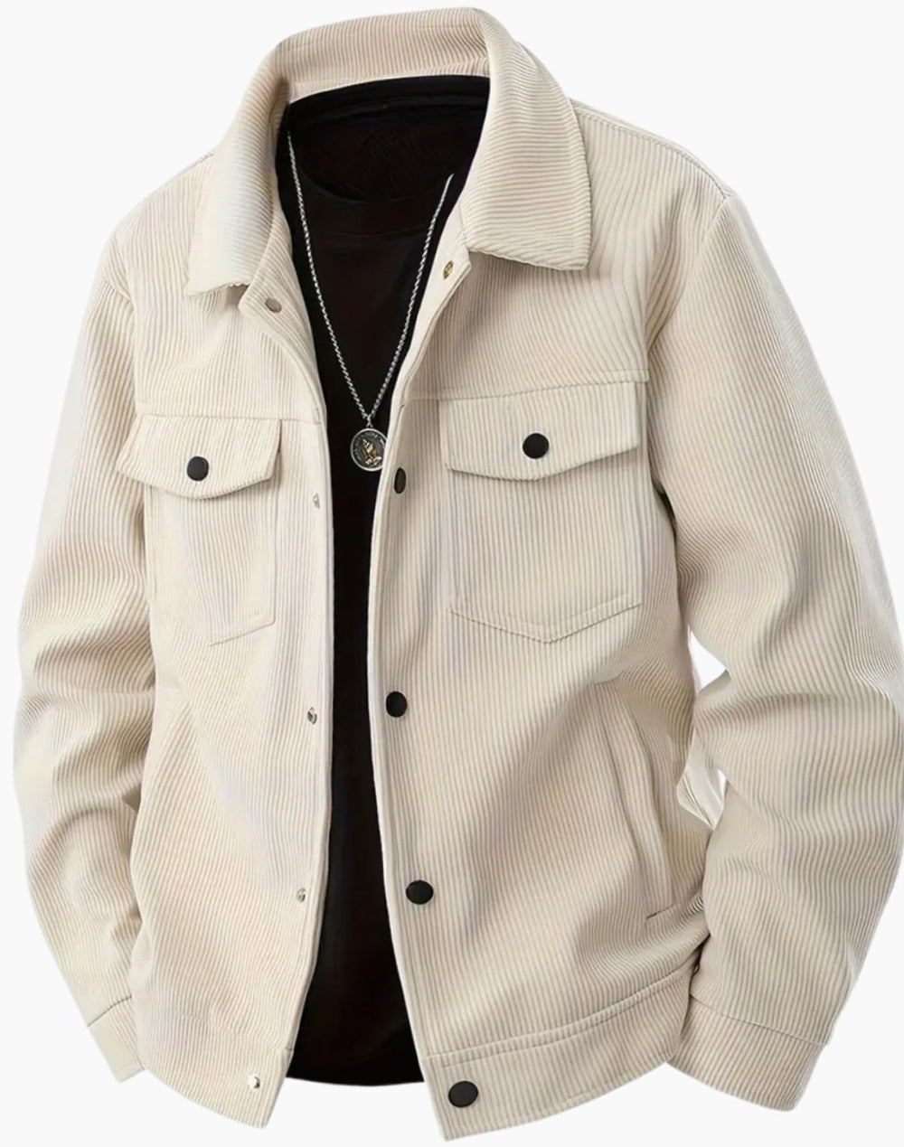 Men's Corduroy Snap-Button Shirt Jacket with Chest Pockets - Beige