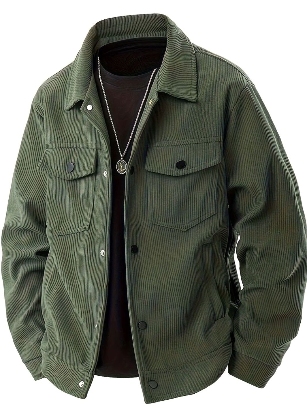 Men's Corduroy Snap-Button Shirt Jacket with Chest Pockets - Green