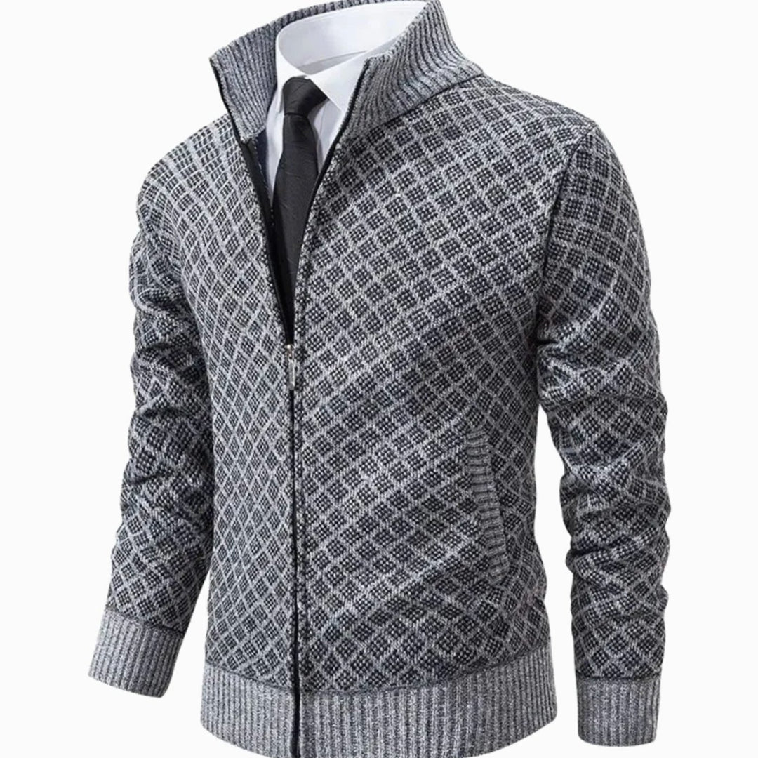 Men's Diamond-Knit Full-Zip Stand-Collar Cardigan Jacket - Grey