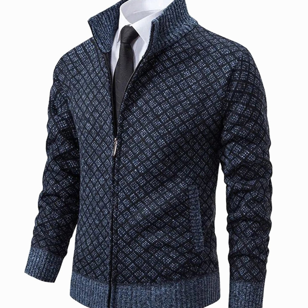 Men's Diamond-Knit Full-Zip Stand-Collar Cardigan Jacket - Blue