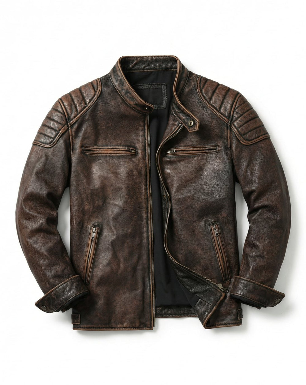 Men's Distressed Full-Grain Leather Biker Jacket - Dark Brown