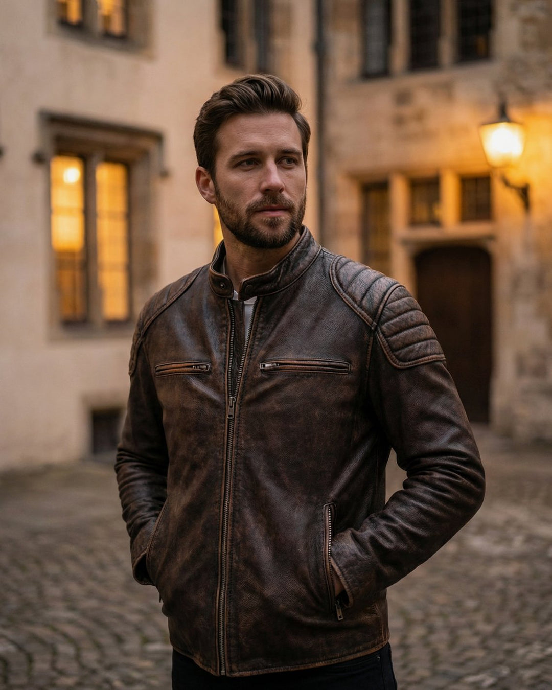 Men's Distressed Full-Grain Leather Biker Jacket