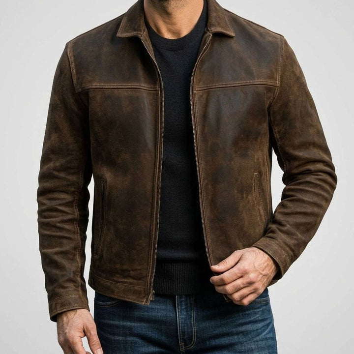 Men's Distressed Genuine Leather Zip-Up Trucker Jacket - Brown