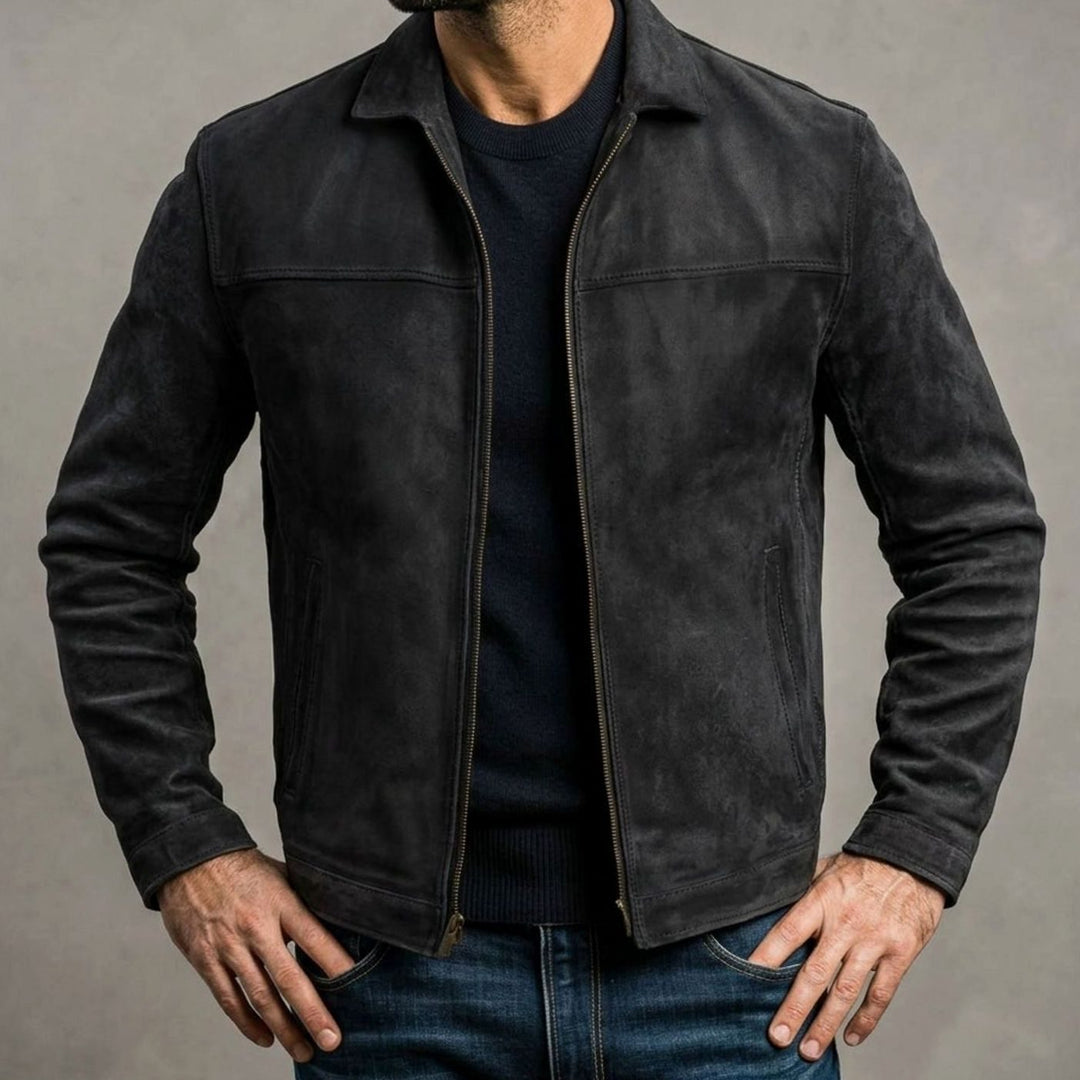Men's Distressed Genuine Leather Zip-Up Trucker Jacket - Blue