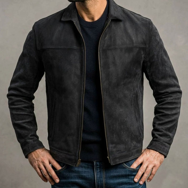 Men's Distressed Genuine Leather Zip-Up Trucker Jacket - Blue